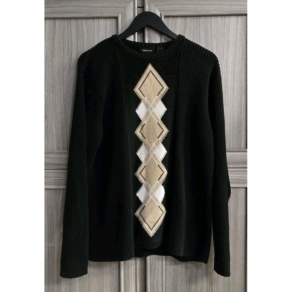 Liz Claiborne Cable Knit Pullover‎ Sweater Large Black Tan White 100%Cotton